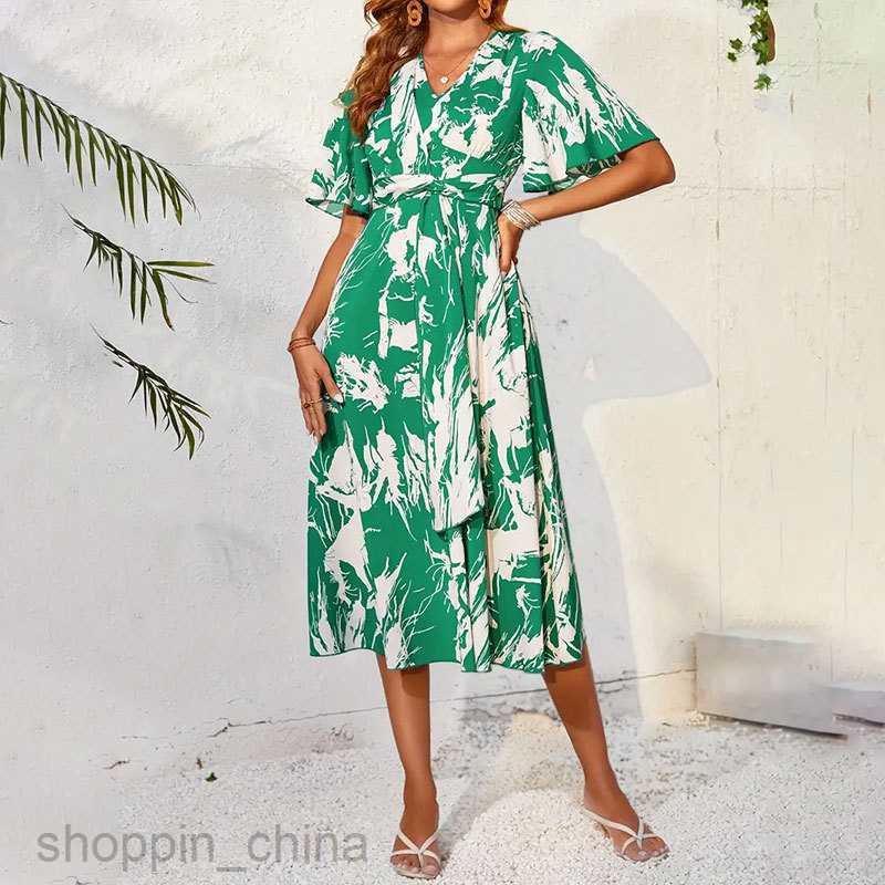 Basic Casual Dresses Women Summer New Elegant and Romantic Long Skirt Flare Sleeves V-Neck Ruffle Ribbon Printed Dress Long Dress