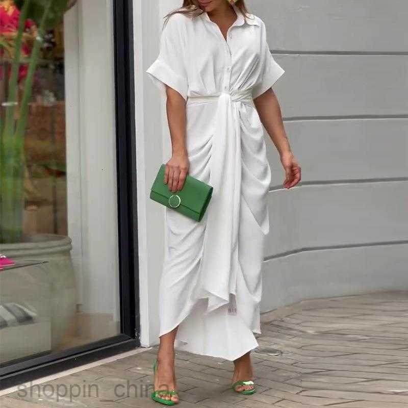 Basic Casual Dresses for Woman Summer New Women's Wear Lace up Waist Short Sleeve Single breasted Solid Color Shirt Dress