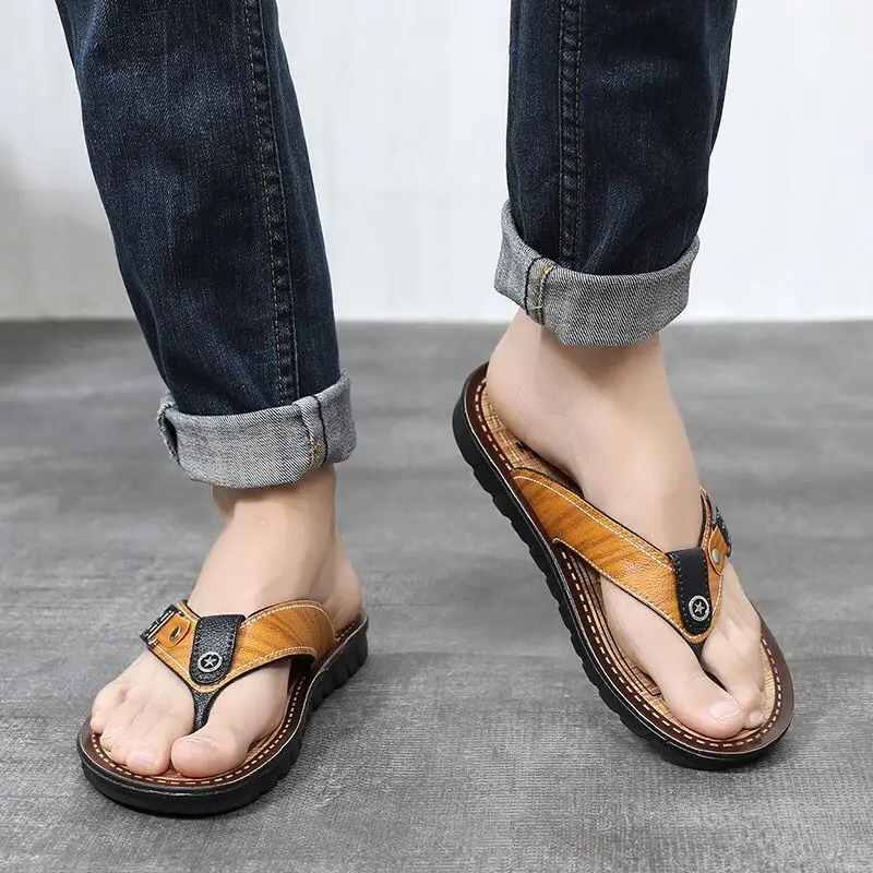 Shiatsu Male Slipper Soft Mens Shoe Beach Outdoor Sabot Flat Leather Flip Flops Slides Elegant Original High Quality Fashion 240701