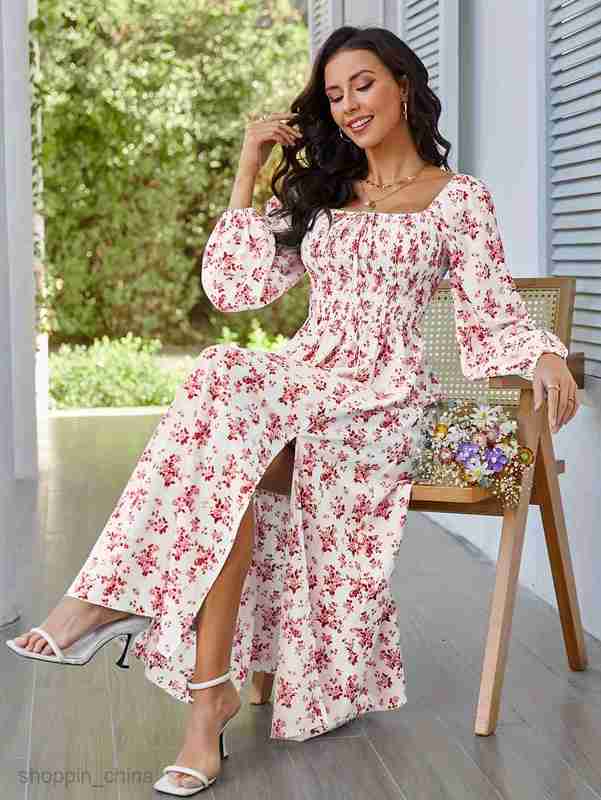 Basic Casual Dresses for Woman Spring/Summer New Romantic and Elegant Women's Dress Square Neck Tie Long Sleeve Split Flower Dress Long Dress