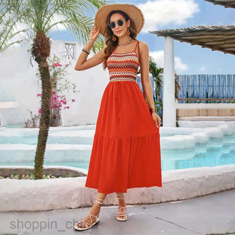 Basic Casual Dresses for Woman Elastic mid length skirt with suspender, elastic waist pleated patchwork sleeveless dress, spring/summer women's d