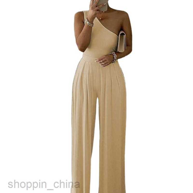Women's Two Piece Sets Pants Summer New Women's Fashion Elegant and Solid Color Slant Shoulder Waist Wide Leg jumpsuit