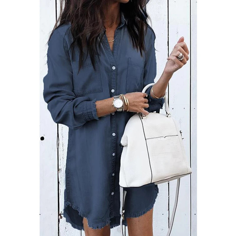 Summer Y2k Women Denim Shirt Dress Vintage Blue Jean Blouses Casual Long Sleeve Ladies Tops Blouse Femme Mini Dress Short Dresse 240701