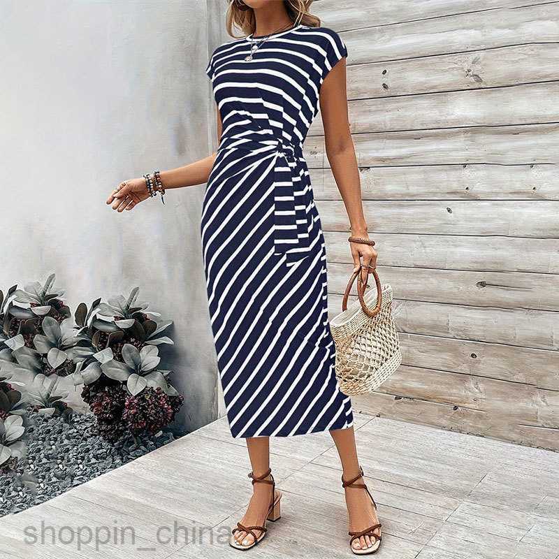 Basic Casual Dresses for Woman Elegant temperament, waist strap, striped round neck, short sleeved long dress, summer women's women's dress