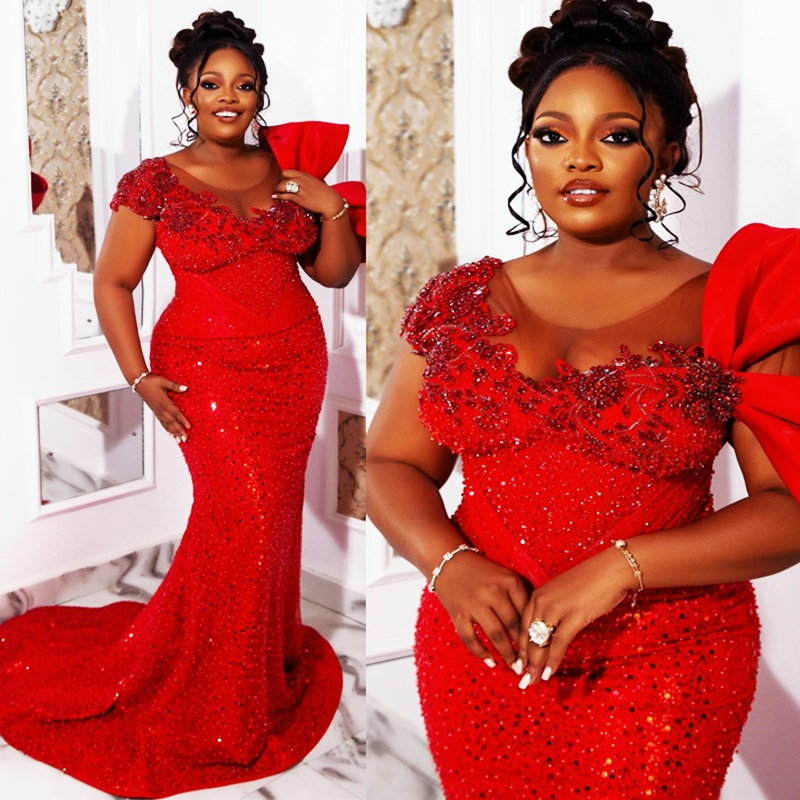 2025 Plus Size Red Prom Dress Mermaid Promdress Evening Dresses for Black Women Short Sleeves Beaded Lace Illusion Birthday Dress Second Reception Gow