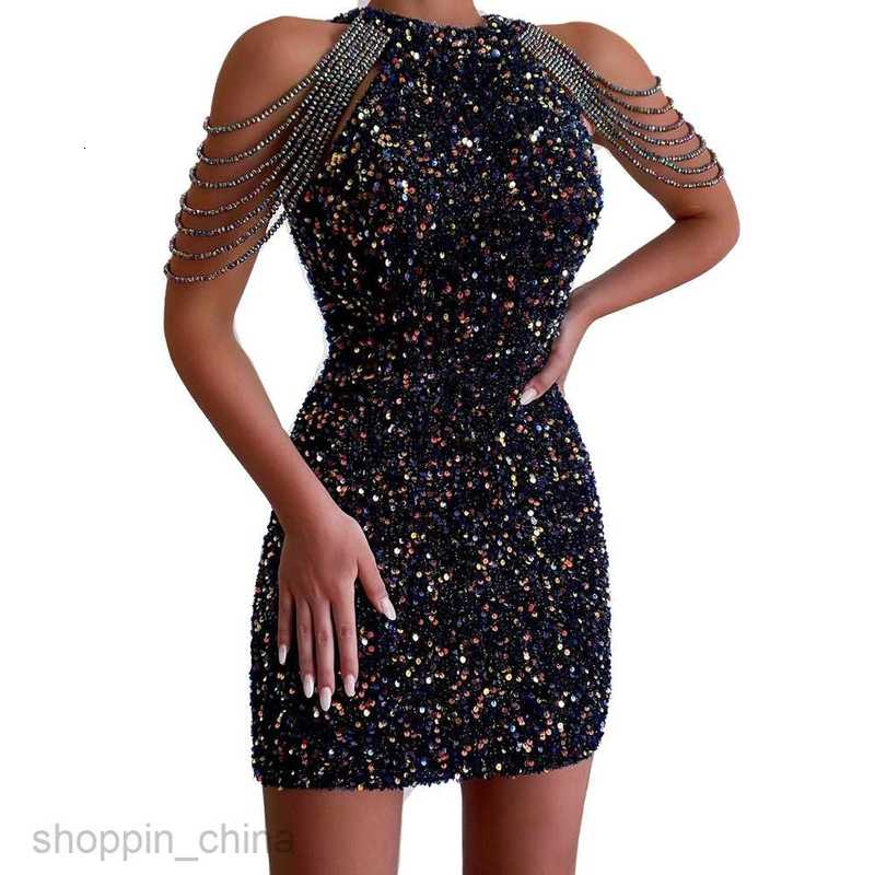 Casual Dresses for Woman Spring New Sexy Fashion Hanging Neck Shoulder Tassel Wrap Hip Crystal Spliced Sequin Dress