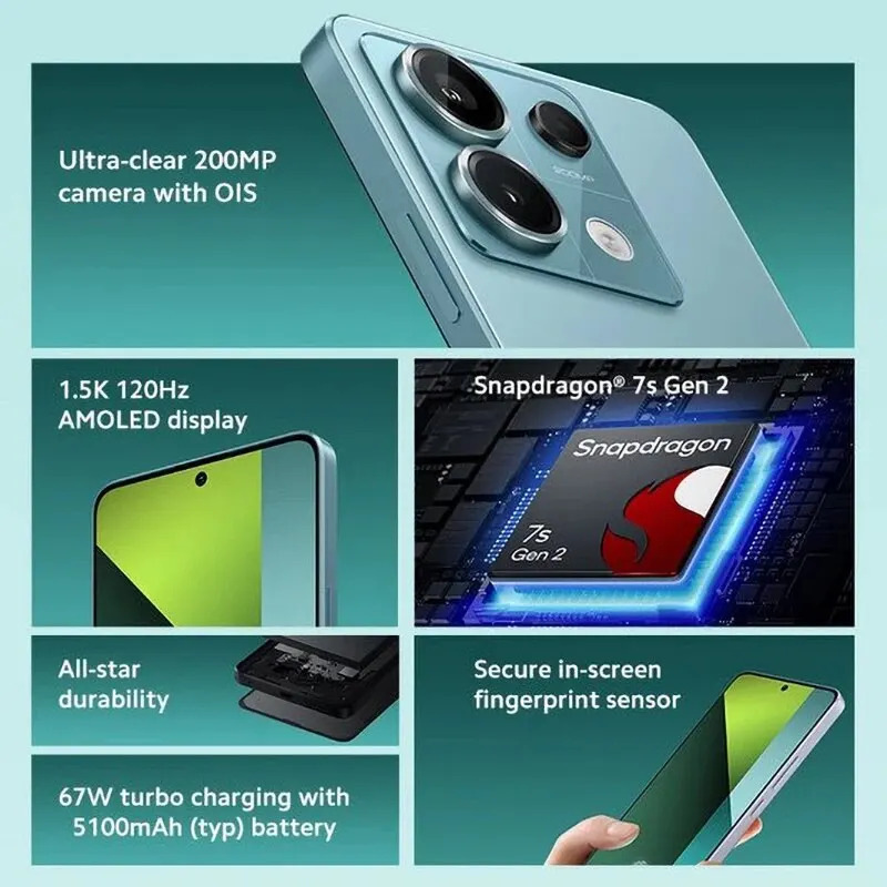 Xiaomi Redmi Note 13 Pro 5G Global Version 256B Snapdragon 7S Gen 2 6.67" AMOLED Display 1.5K 120Hz Camera 200 MP Battery 5100 mAh Fast Charging 