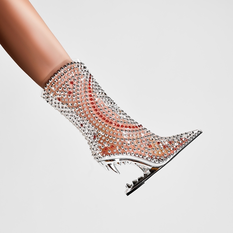 Kaky's New Water Diamond Transparent Pointed Shaped High Heel Women's Short Boots Large