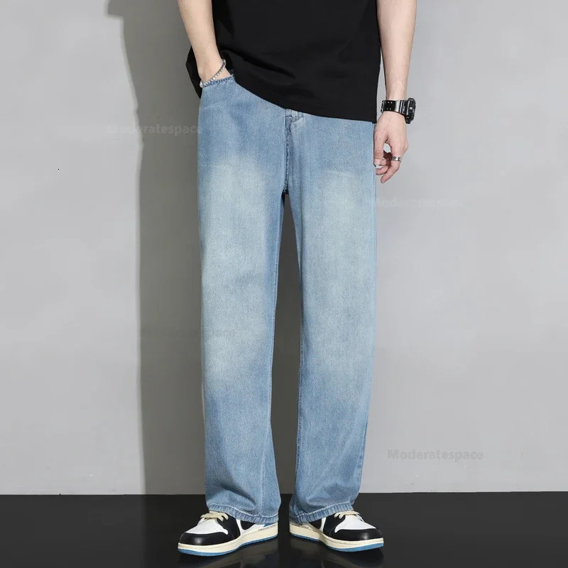 Summer 100 Lyocell Cozy Jeans Men Soft Fabric Elastic Waist Denim Trousers Male Clothes Korea Baggy Straight Casual Pants 240626
