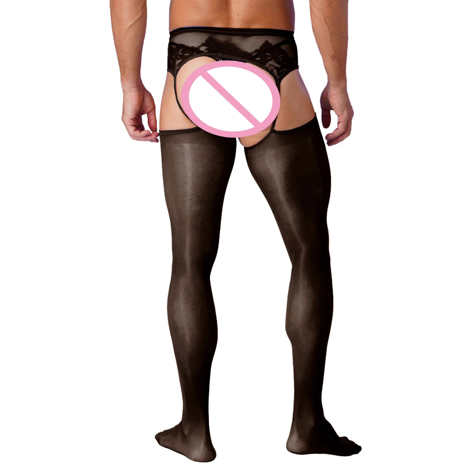 Erotic Sexy Pantyhose Flower Lace Crotchless Stockings Male Underwear Mans Transparent Nightwear Sex Tights Garter Stockings 240627