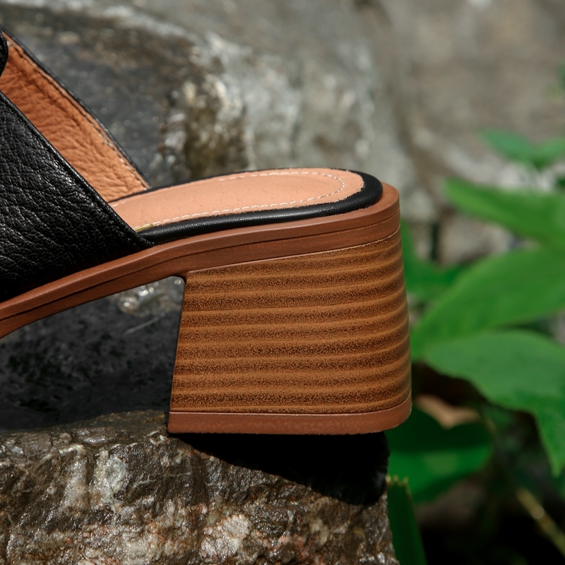 Women's New Spring/Summer Square Head Genuine Leather Sheepskin Thick Sole Waterproof Platform High Heel Open Toe Slippers