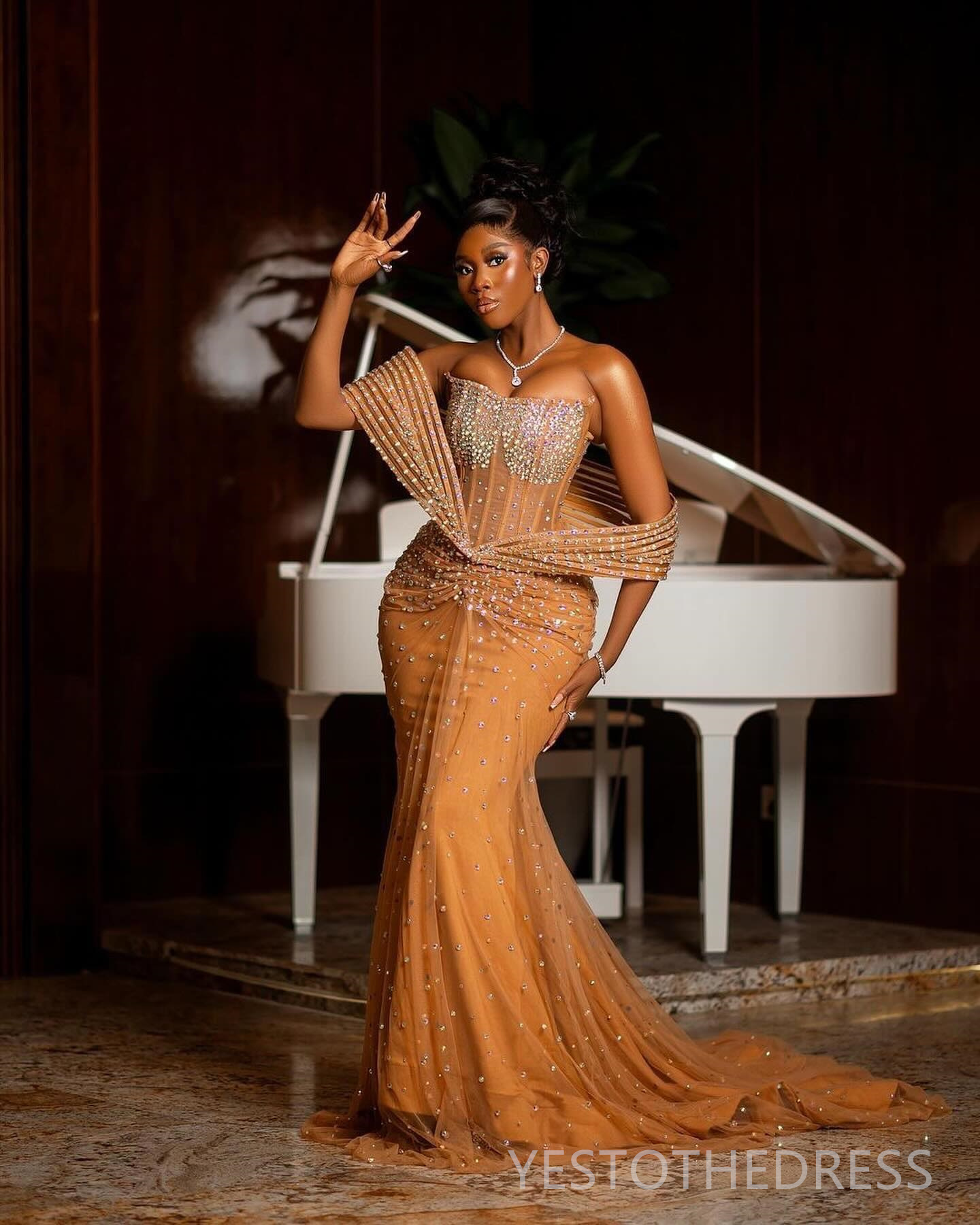 2024 Aso Ebi Champagne Prom Dresses for Black Women Mermaid Promdress Illusion Evening Dresses Elegant Rhinestones Decorated Tulle Gala Engagement Gow