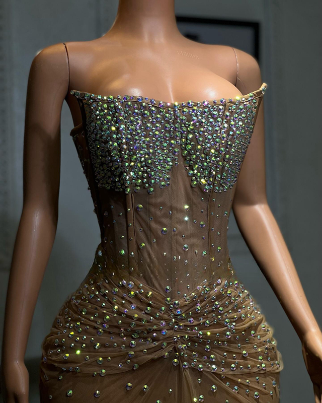 2024 Aso Ebi Champagne Prom Dresses for Black Women Mermaid Promdress Illusion Evening Dresses Elegant Rhinestones Decorated Tulle Gala Engagement Gow
