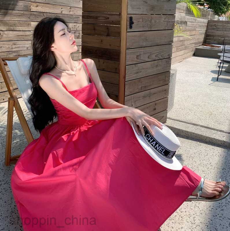 Basic Casual Dresses Women Romantic Rose Red Strap Holiday Dress Women's Summer High Waist Slim Mid length A-line Dress Tea Break Dress