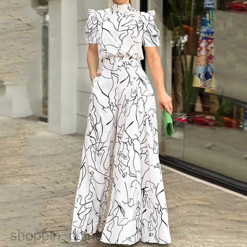 Women's Two Piece Sets Pants Summer Women's Loose, Fashionable, Elegant Short sleeved Hanging Neck Art Printed jumpsuit