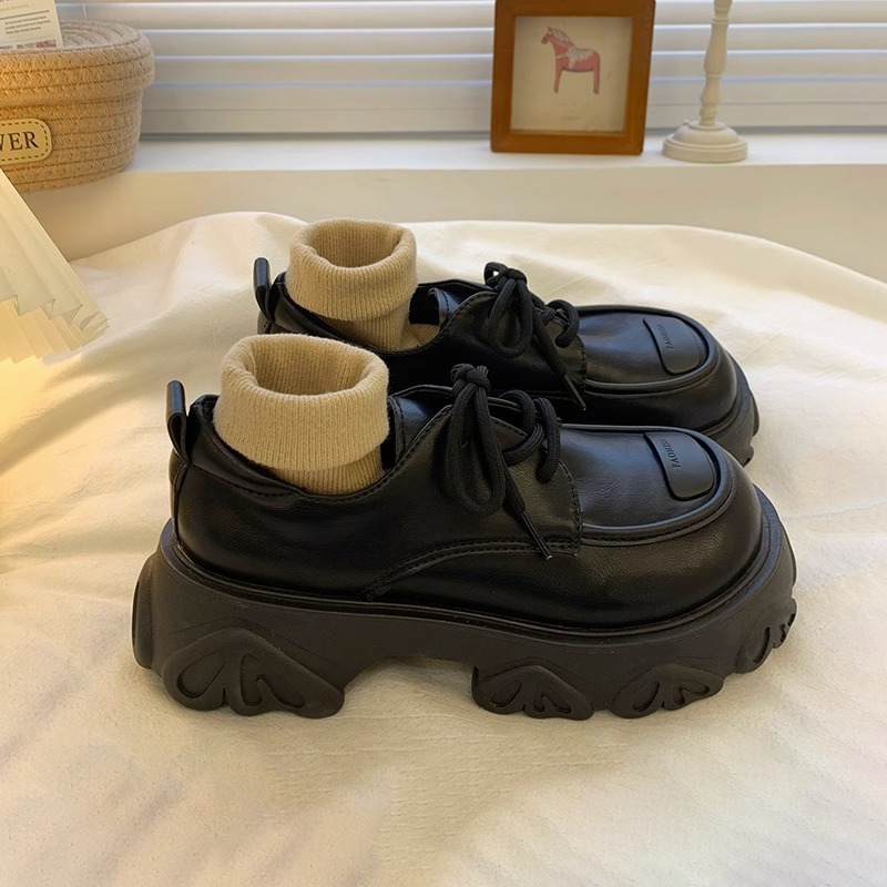Black Platform Sole Heightened Big Toe Lace-up Small Leather Shoes Women's Fall 2023 New Versatile British Style Retro Single Shoes Black gloss
