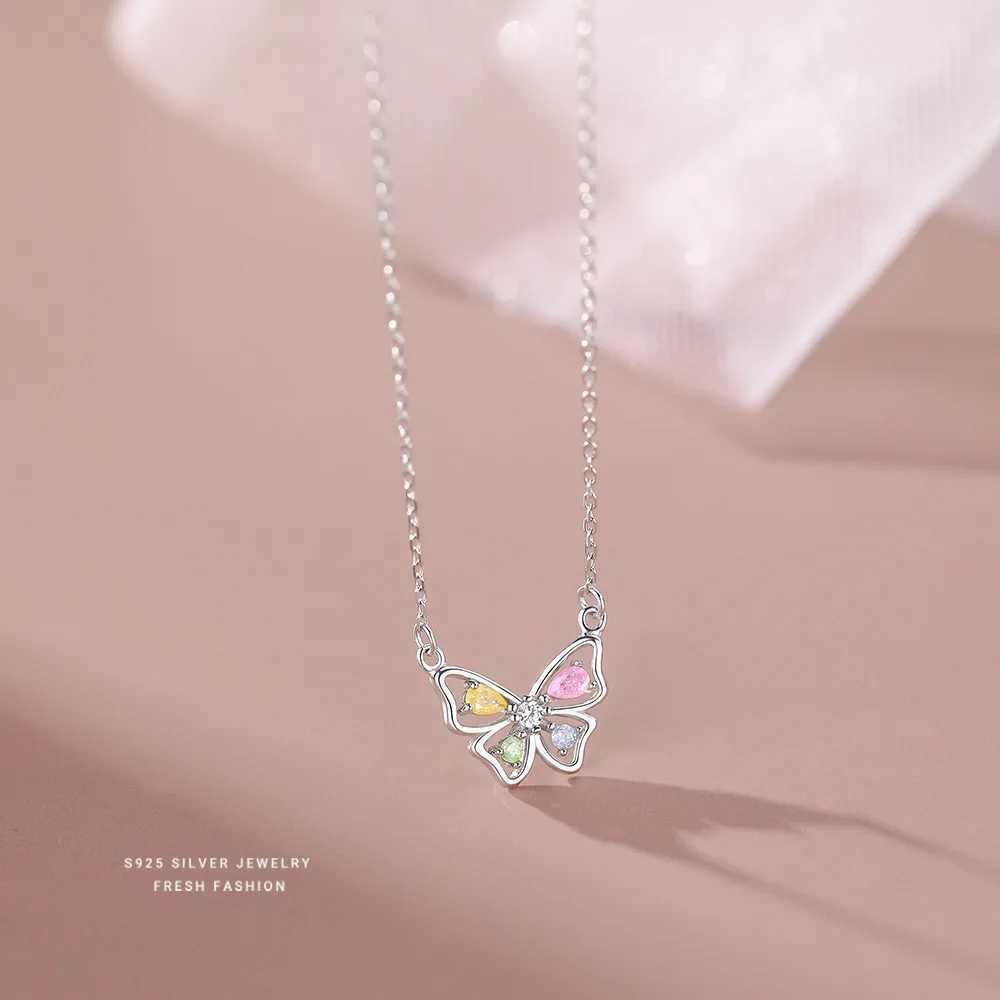 Pendant Necklaces 925 Sterling Silver Korean Sweet Colored Zircon Butterfly Pendant Necklace for Women Girl Wedding Party Jewelry