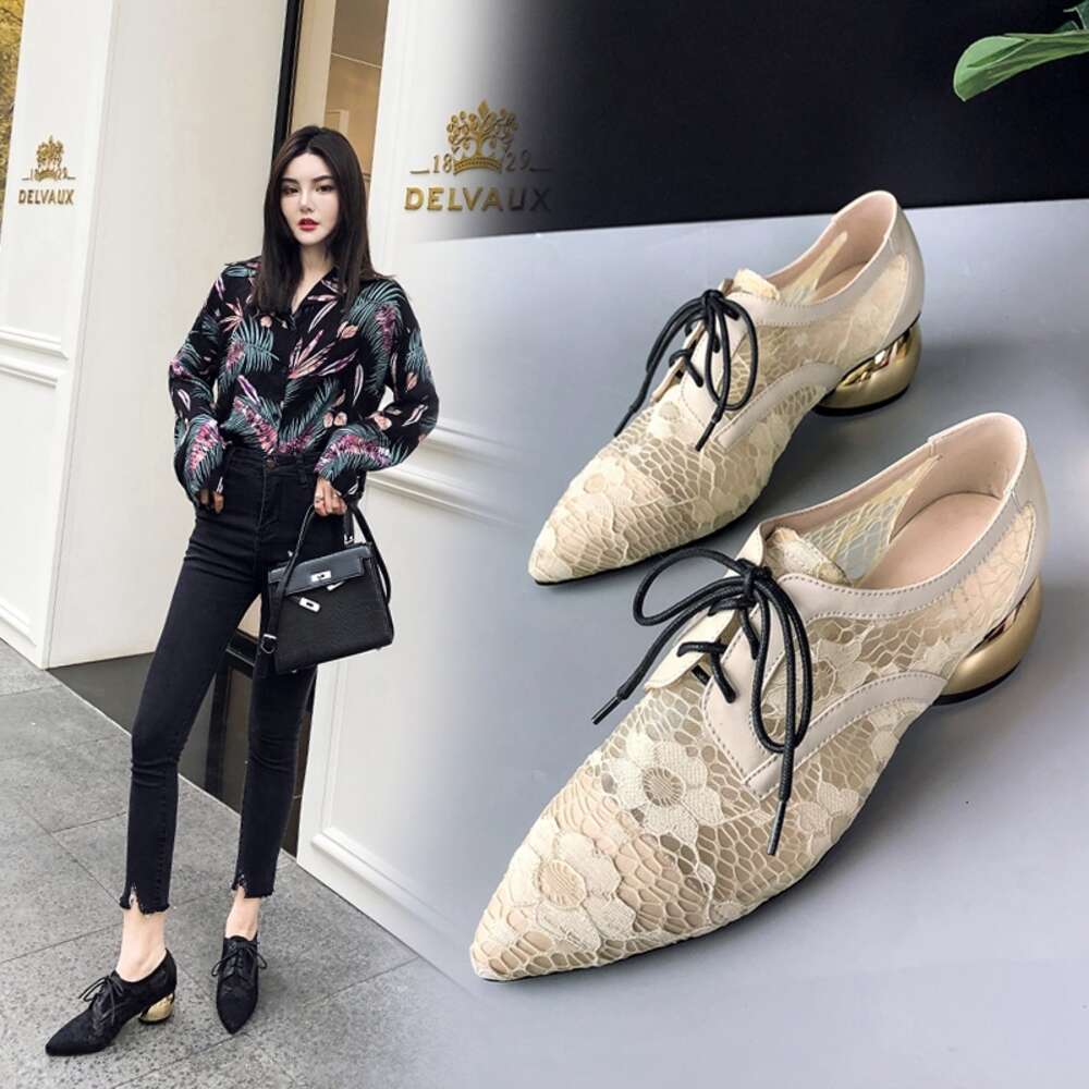 2024 Spring/Summer Women's New Pointed Mesh Hollow Leather Cowhide Gold Middle Heel Strap Breathable Single Shoes