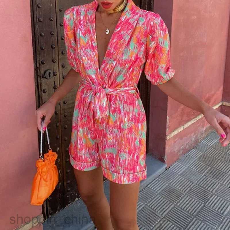 Women's Two Piece Sets Pants Summer Women's Fashion Tie Dyed Print Lace up Elegant V-neck Bubble Half Sleeve Loose jumpsuit