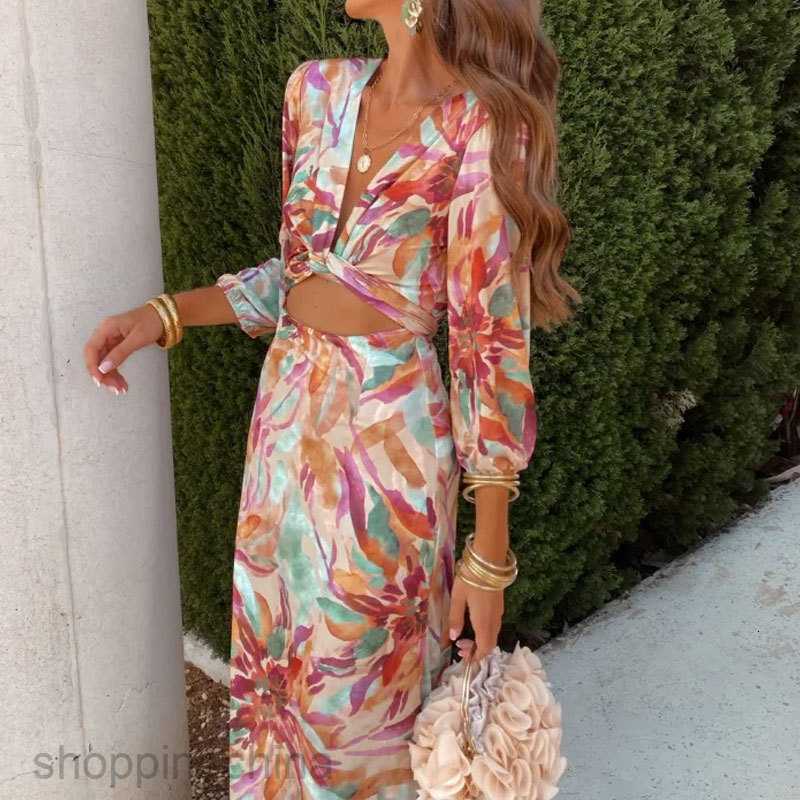 Basic Casual Dresses for Woman Summer Women's Printed Elegant and Fashionable V-neck Bubble Long sleeved Open Navel One Step Dress