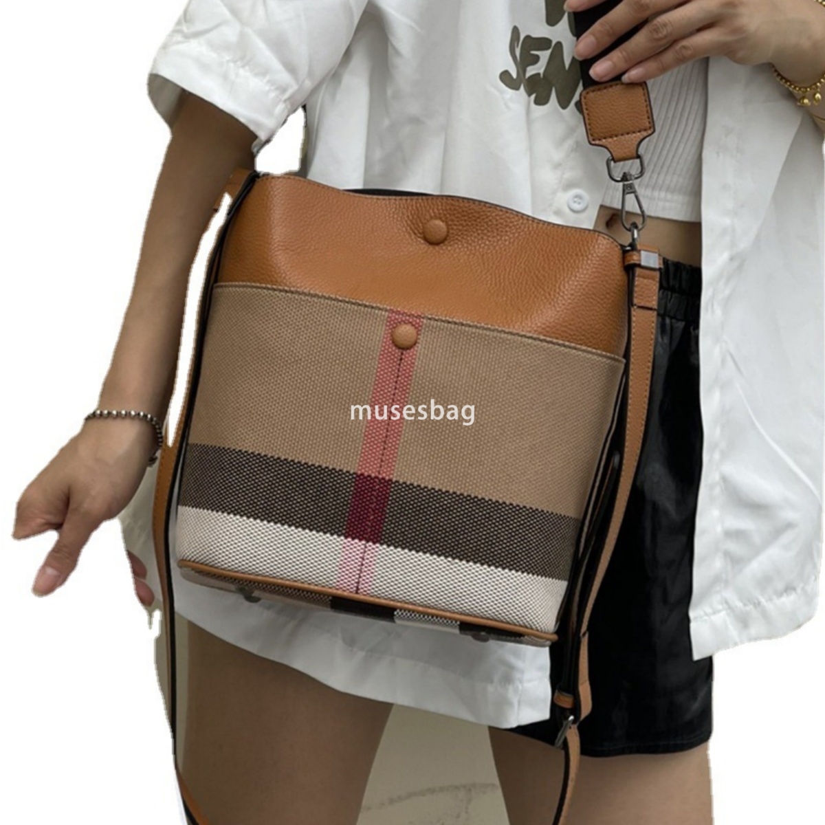 New genuine leather women Korean canvas plaid large capacity single shoulder crossbody versatile foreign style middle bucket bag 4