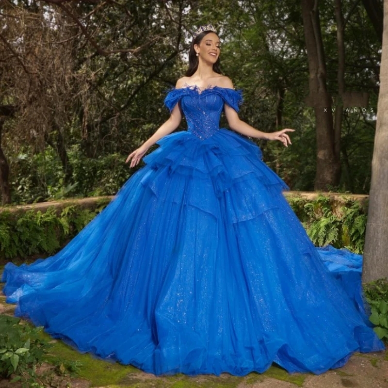 Blue Shiny Vestidos De 15 Anos Tulle Quinceanera Dress 2025 Sweet 16 Birthday Party Gown Sweetheart Princess Pageant