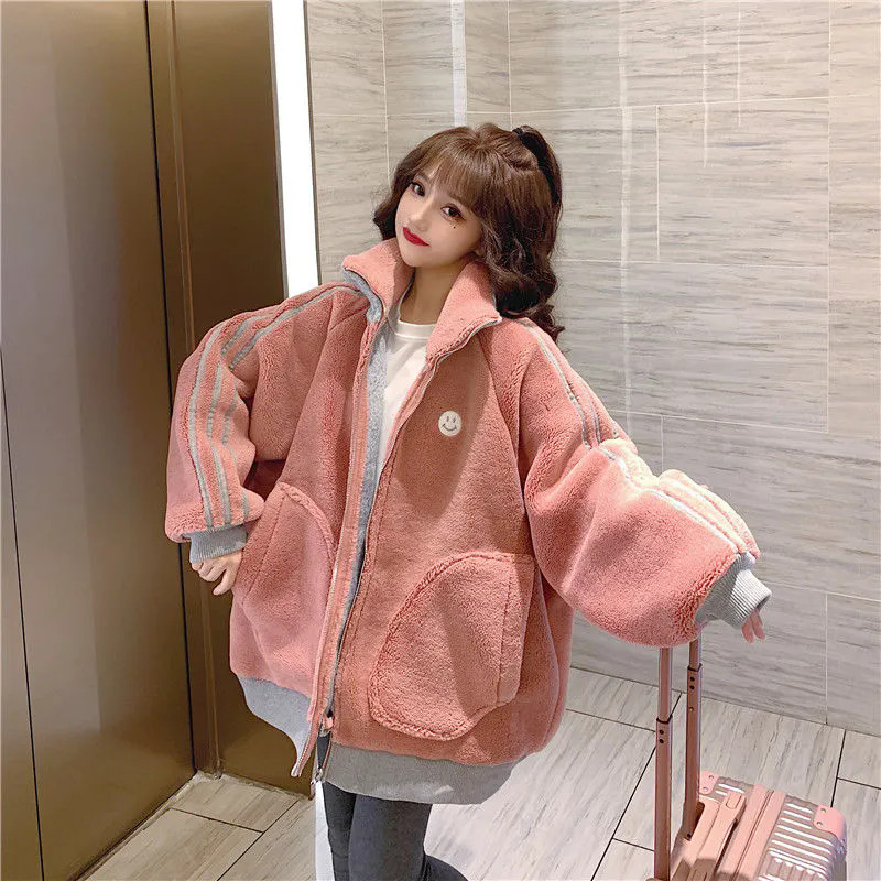 Korean Patchwork Contrast Color Faux Lamb Wool Coat Casual Women Stand Collar Long Sleeve Imitation Fur Overcoat F7.1#48.51