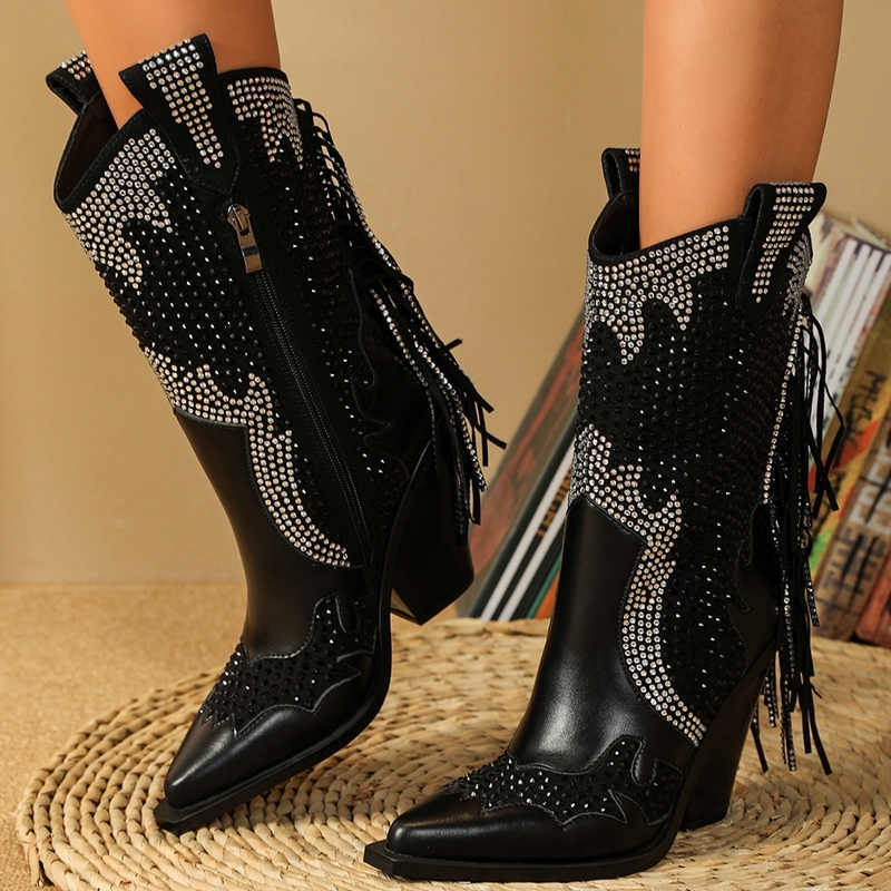 Women's New European American Pointed Tassel Rhinestone High Heeled Oversized And Calf Western Denim Short Boots