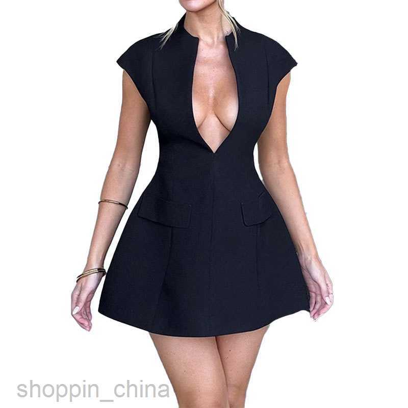 Basic Casual Dresses for Woman Summer Women's New Style Elegant and Fashionable Solid Color V-neck Waist A Line Dress