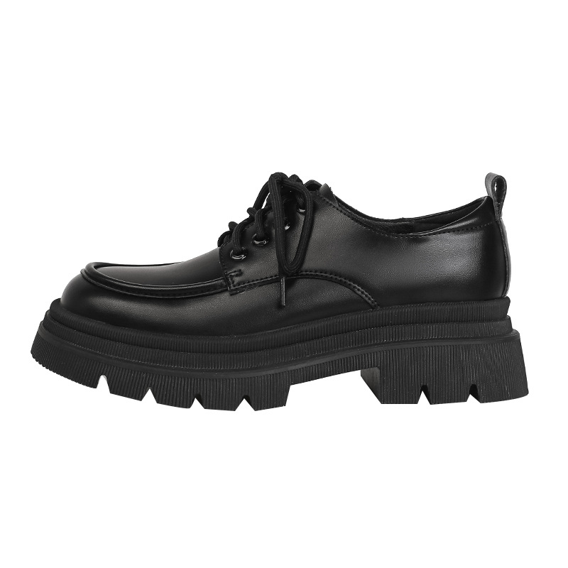 Black Classic Small Leather Shoes Women's Fall 2023 Mid-Heel Platform Leather Comfort Loafers Lace-up British Singles