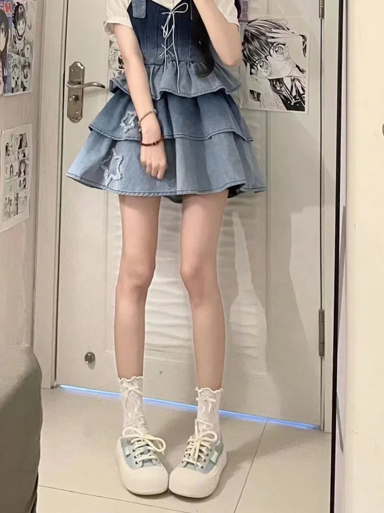 Puff Sleeve White Shirts Women Summer Sexy Gradient Blue Denim Strap Dress Leg Warmer Y2k E-Girl Three Piece Sets 240701