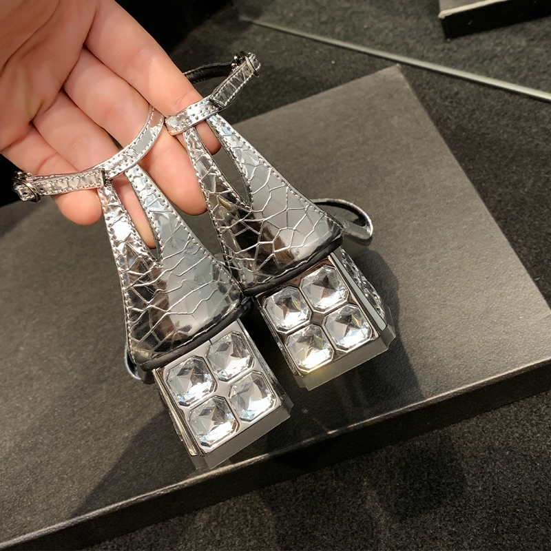 Women's New Spring/Summer Square Headed Genuine Explosive Pattern Cowhide Simple Diamond High Heel Large Size Sandals