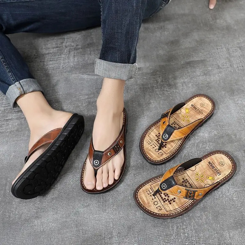 Shiatsu Male Slipper Soft Mens Shoe Beach Outdoor Sabot Flat Leather Flip Flops Slides Elegant Original High Quality Fashion 240701