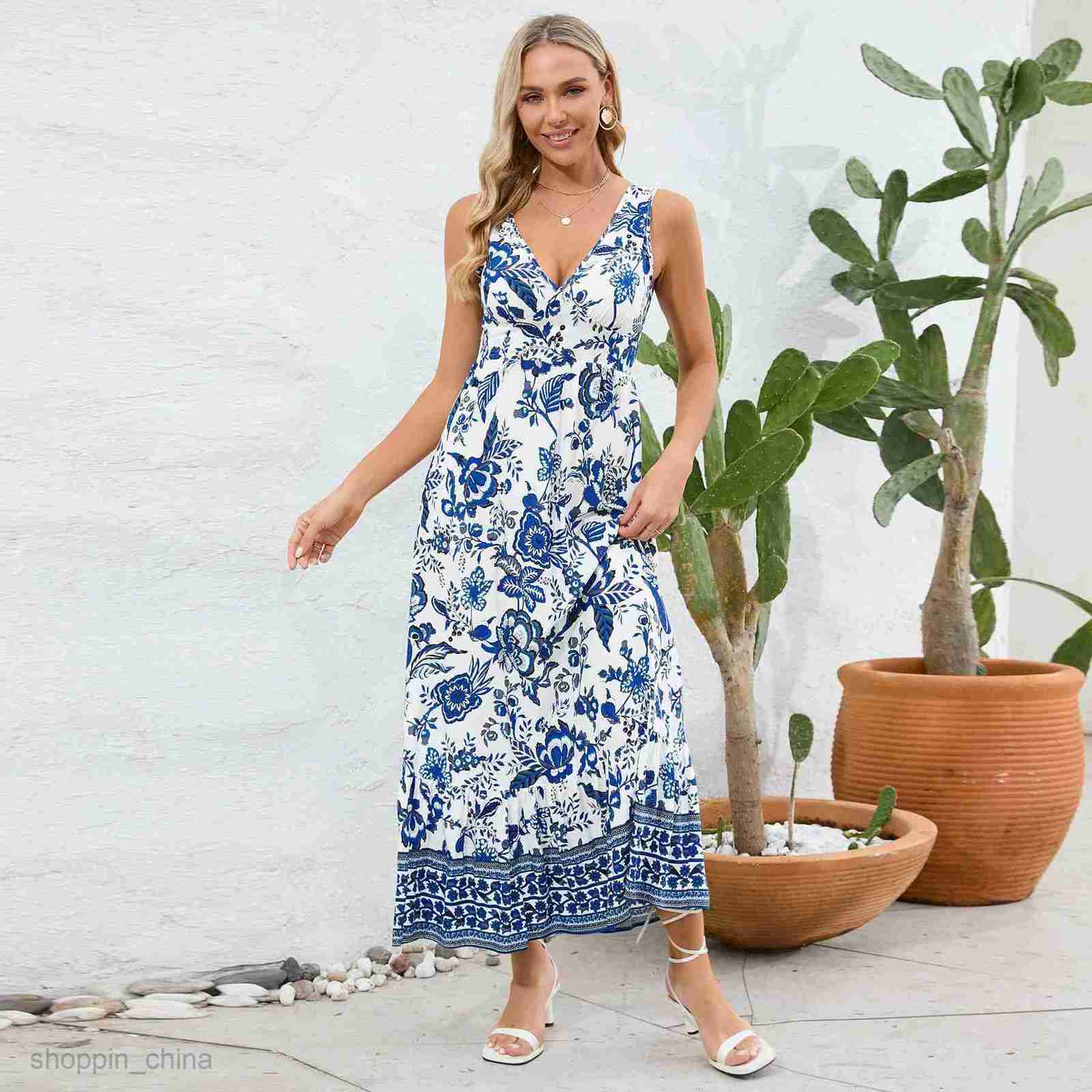 Basic Casual Dresses Women Sexy V-neck slim fit temperament dress, summer women's floral dress, printed long skirt