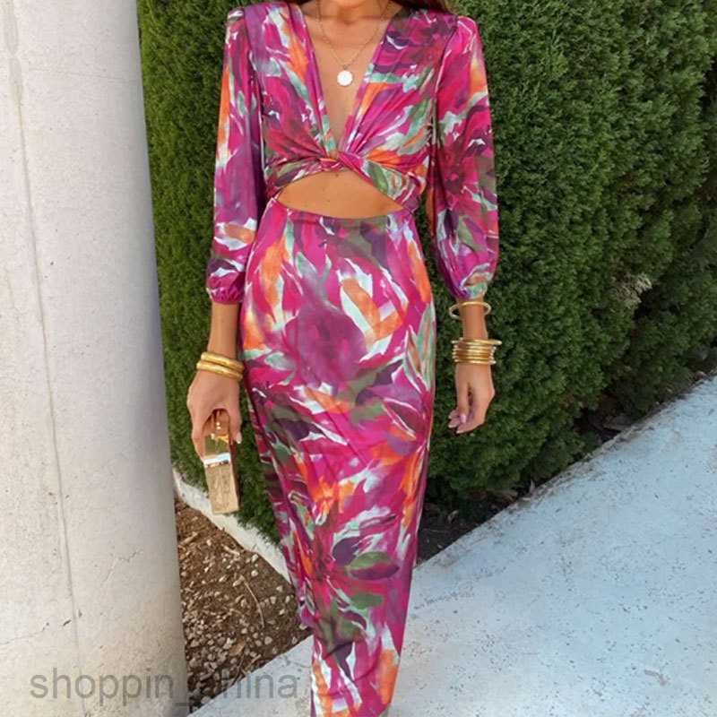 Basic Casual Dresses for Woman Summer Women's Printed Elegant and Fashionable V-neck Bubble Long sleeved Open Navel One Step Dress