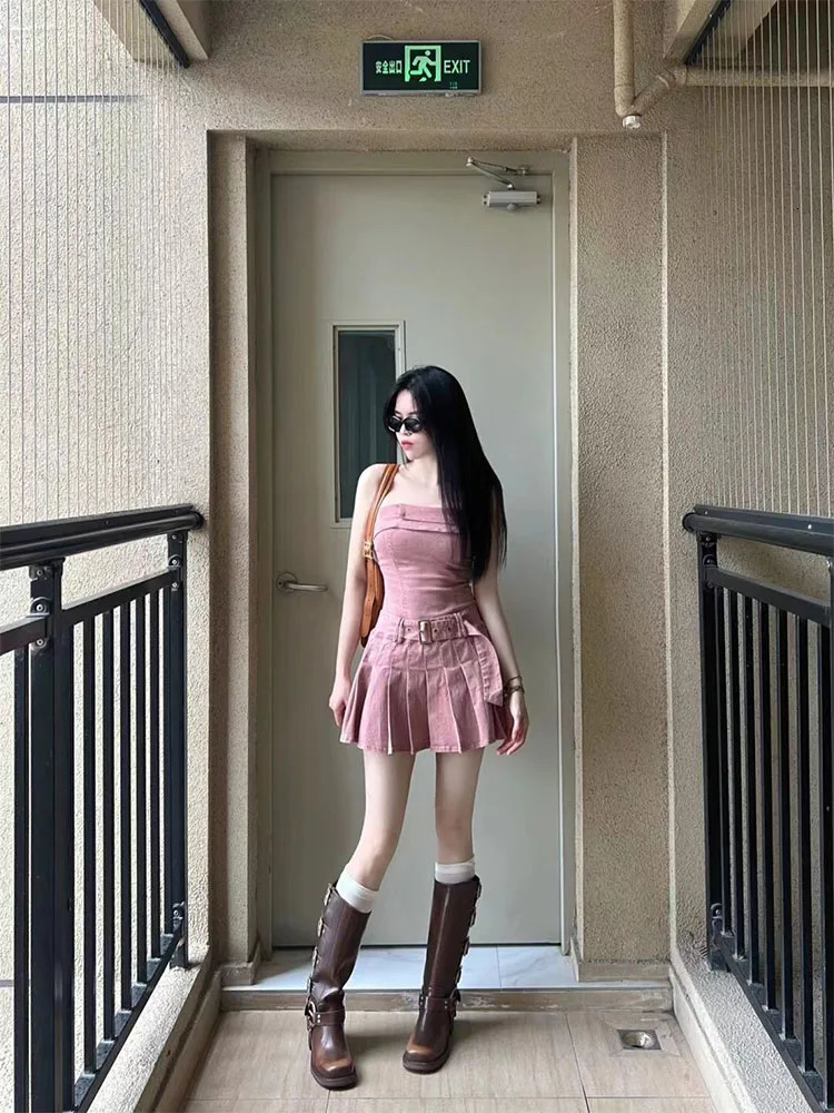 High Street Pink Kawaii Denim Dress Women Elegant Strapless Evening Party Frocks With Belt Sweet Prom Gown Korean France Vintage 240701