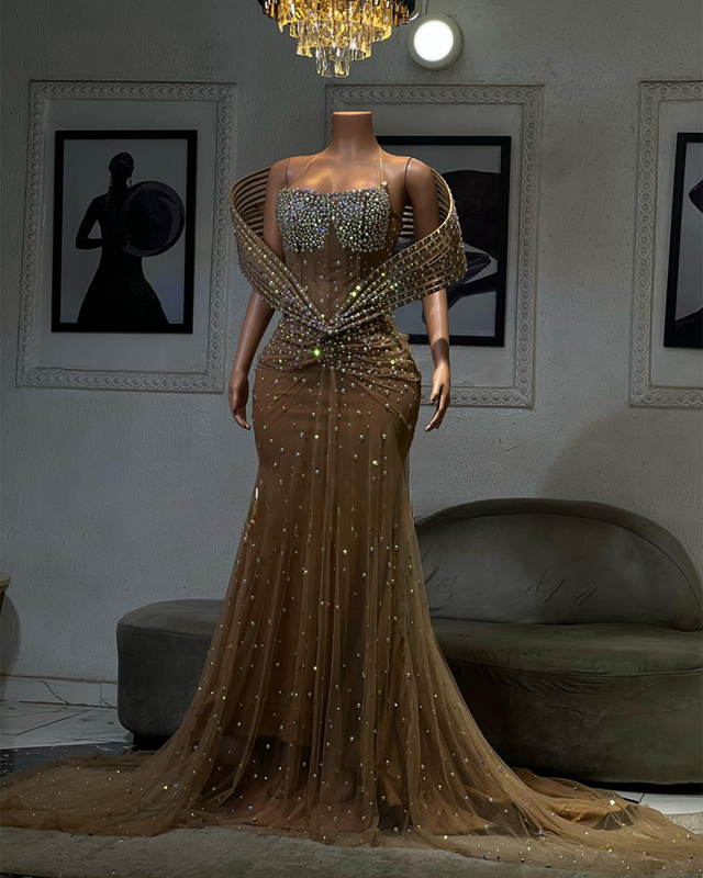 2024 Aso Ebi Champagne Prom Dresses for Black Women Mermaid Promdress Illusion Evening Dresses Elegant Rhinestones Decorated Tulle Gala Engagement Gow