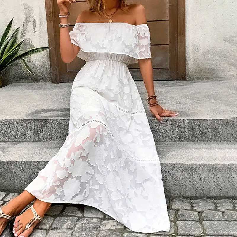 Basic Casual Dresses for Woman Woven Burnt Flower Lace Perspective One Shoulder Dress Spring/Summer Women's Design Sense Long Skirt Solid Color S