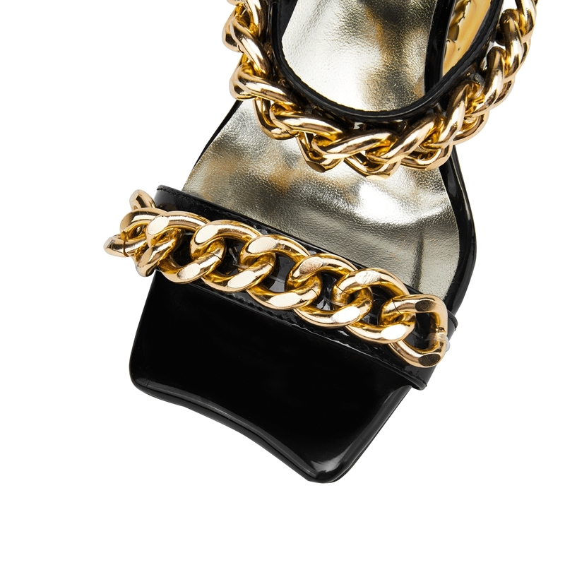 Women's New Spring/Summer European And American Square Head Metal Chain Wolf Teeth High Heel Large Open Toe Slippers
