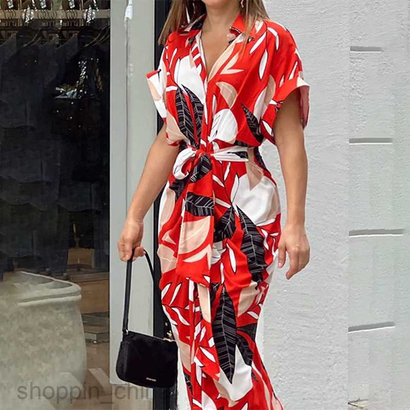 Basic Casual Dresses for Woman Summer Women's Elegance Commuting Fashion Printed Short sleeved High Waist Button Shirt Dress