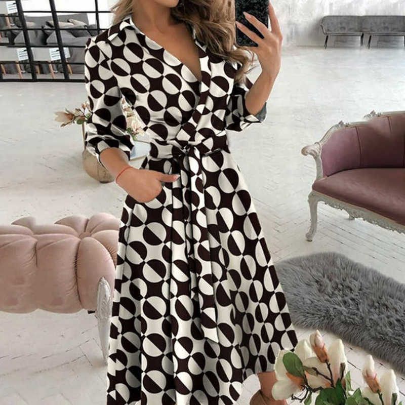 Basic Casual Dresses Woman Summer New Fashion Print Long Sleeved V-Neck Wrapped Hip Style Commuter Dress For Women