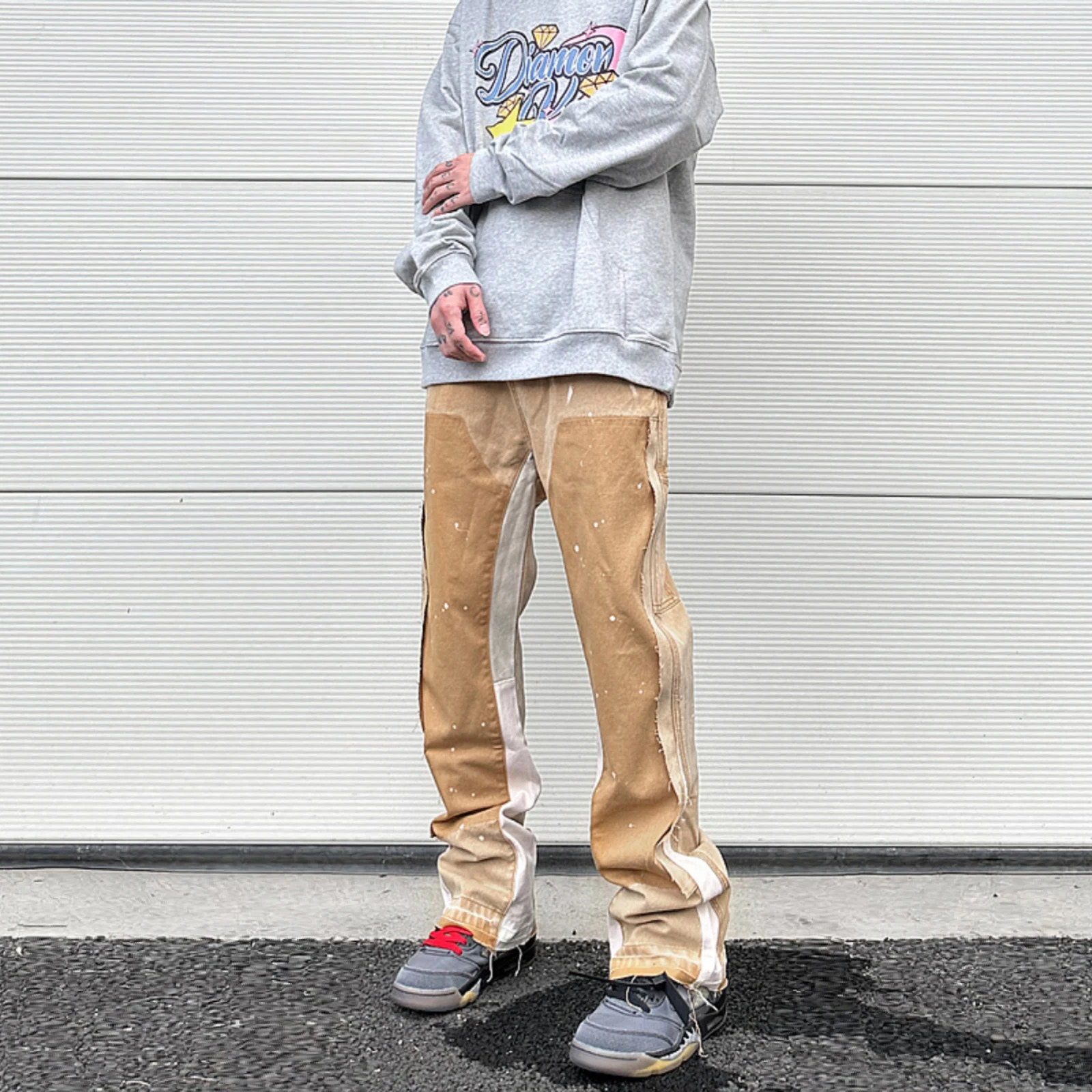 Streetwear Cleanfit Double Knee Graffiti Baggy Pants Jeans Y2k Vintage Flare Denim Men Patchwork Patches for Women Clothes 240626