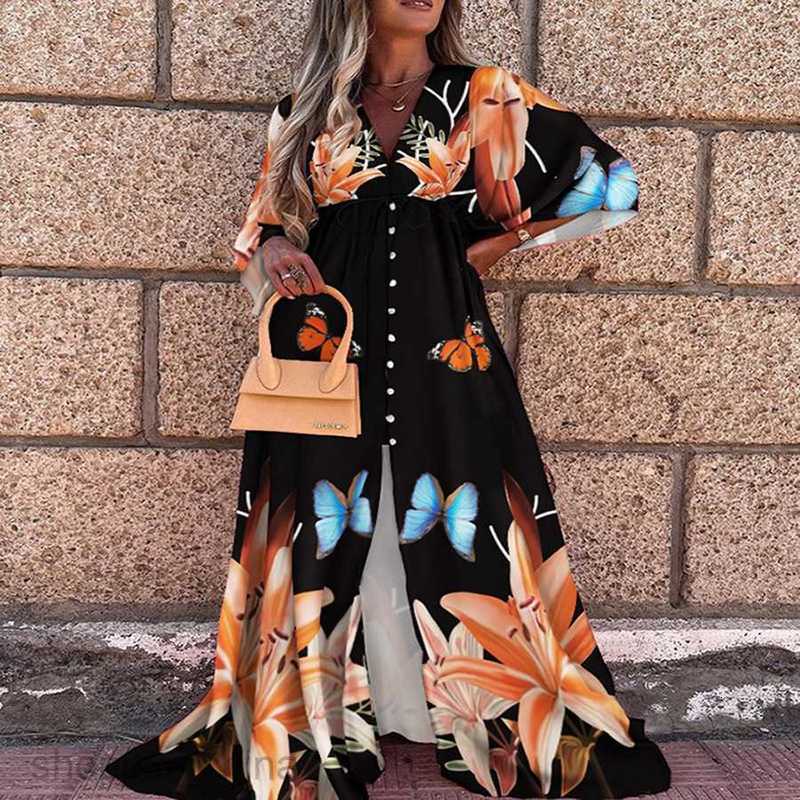 Basic Casual Dresses Women New Women's Spring/Summer Leisure Vacation Style V-neck Printed Dress