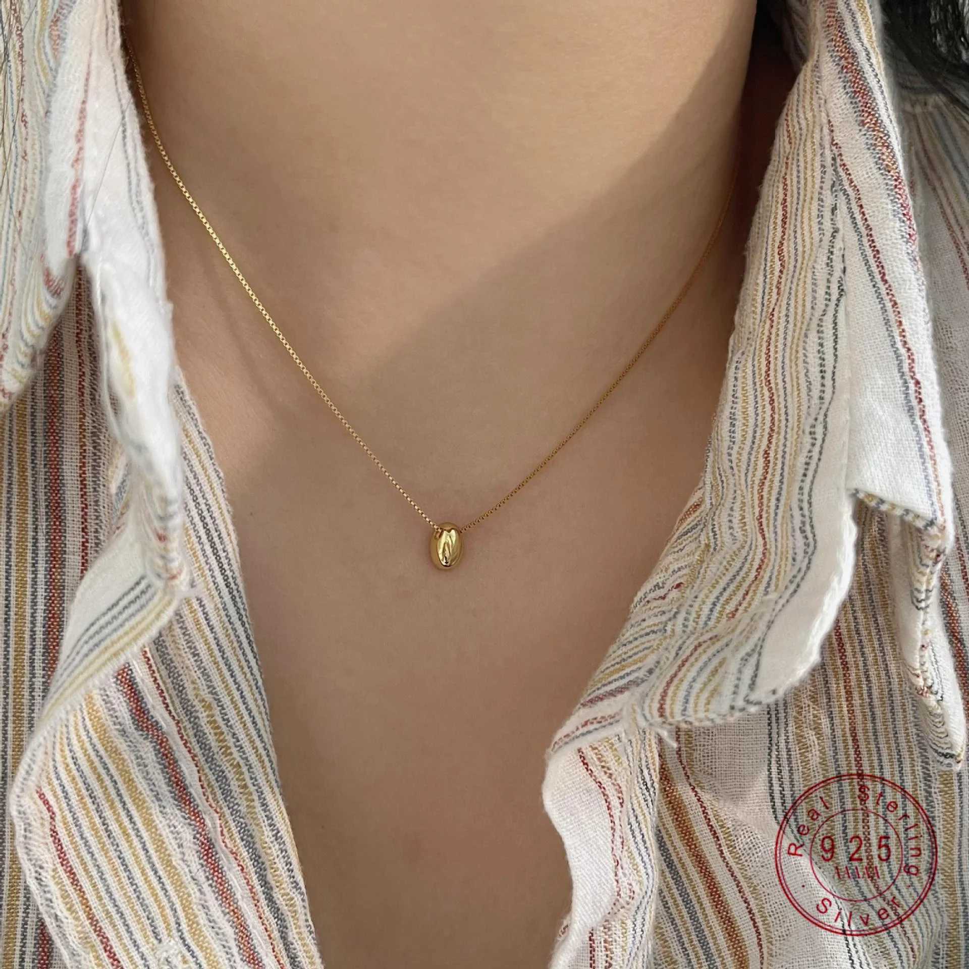 Pendant Necklaces Korean 925 Sterling Silver Geometric Oval Mini Pendant Necklace for Women Girl Exquisite Cute Party Jewelry