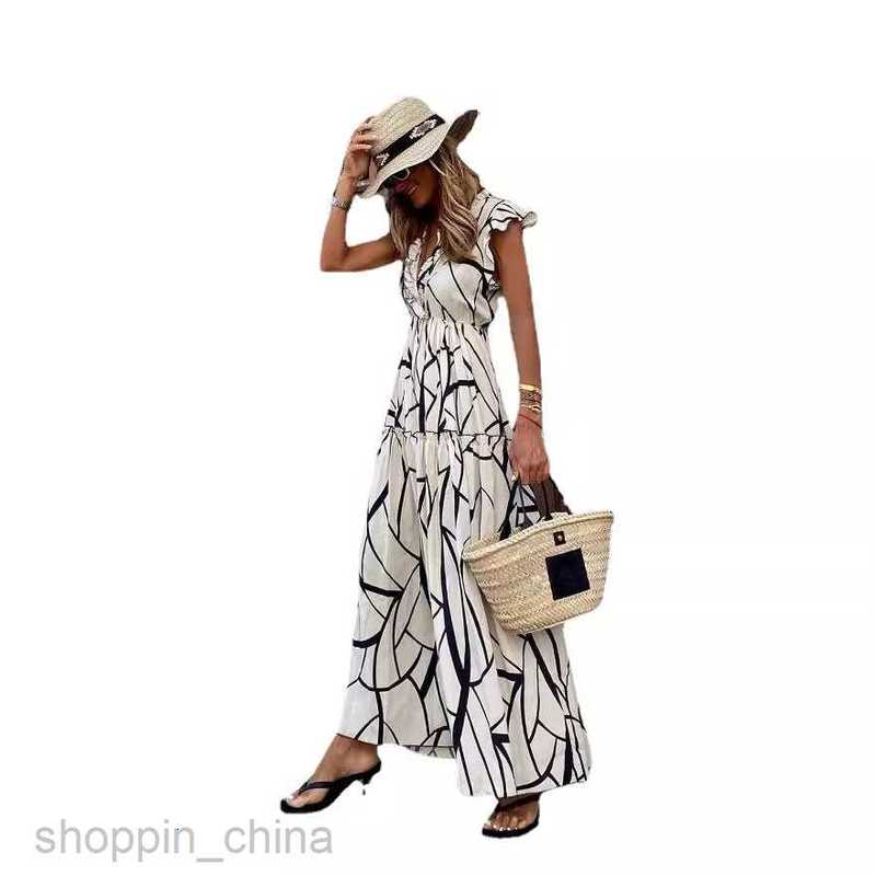 Basic Casual Dresses Women Spring/Summer New Dress Geometric Print V-Neck Ruffle Edge Large Swing Long Dress