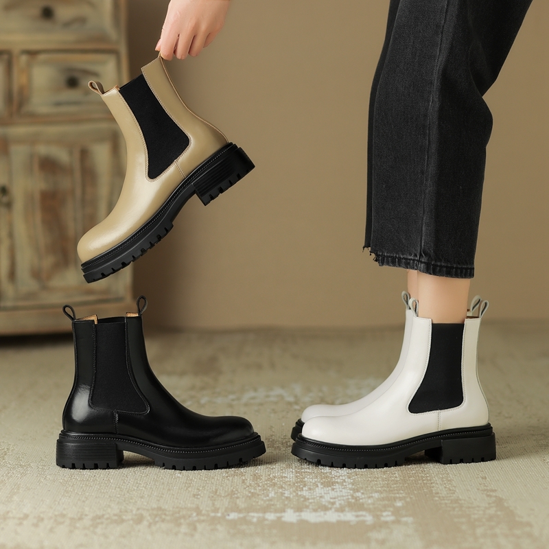 Women's New Autumn Winter Leather Round Head Thick Bottom Middle Heel Large Calf Short Boots