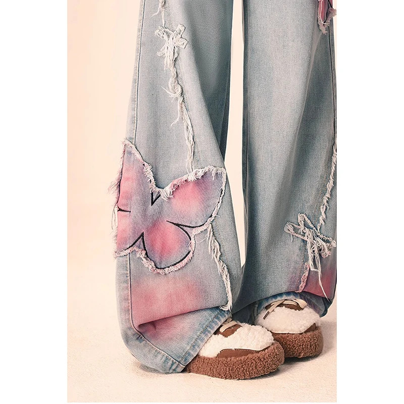 Blue Women Jeans High Street Vintage Straight Pants Streetwear Y2K Embroidery American Fashion Female Wide Leg Denim Trouser F7.1#53