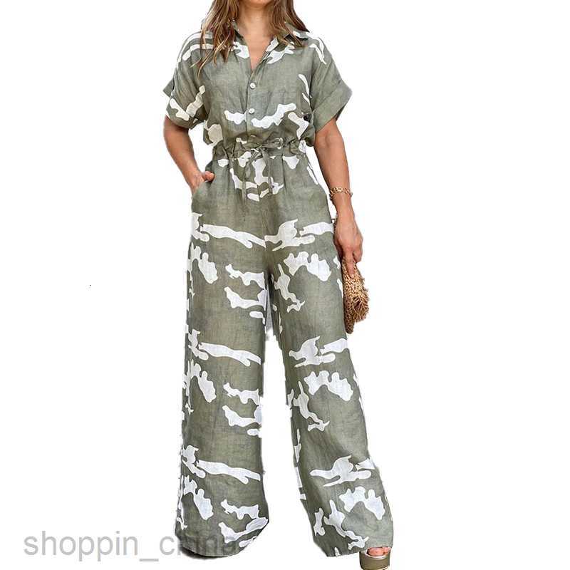 Women's Two Piece Sets Pants Summer New Women's Fashion Flip Collar Printed Button Lace Up jumpsuit