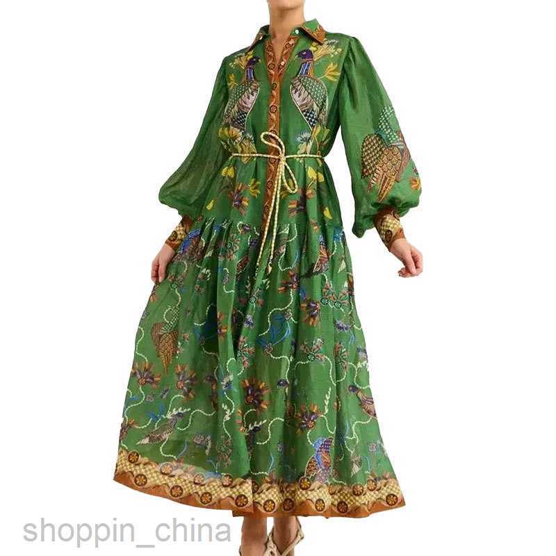 Basic Casual Dresses for Woman Women's New Printed Lantern Sleeves Wrapped Waist Large hem Dress for Women