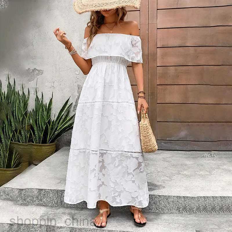 Basic Casual Dresses for Woman Woven Burnt Flower Lace Perspective One Shoulder Dress Spring/Summer Women's Design Sense Long Skirt Solid Color S